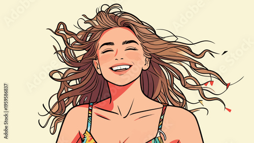 Woman with long hair smiling during warm day in summer with colorful outfit and carefree expression enjoying life outdoors