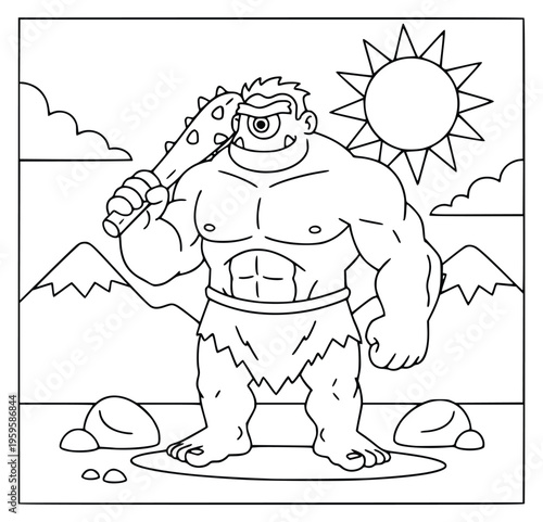  Mythology muscular cyclops with a spiked club in a sunny mountain landscape