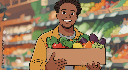 Smiling man holds a box of fresh vegetables in a grocery store filled with various fruits and vegetables