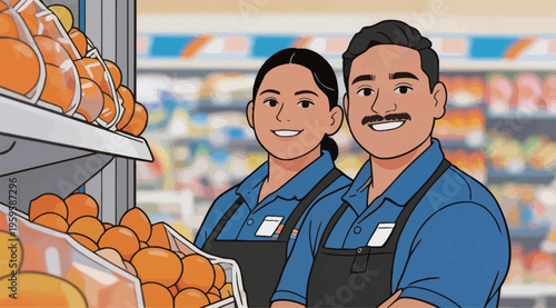 Two store workers standing in front of a display of oranges in a grocery store during the day
