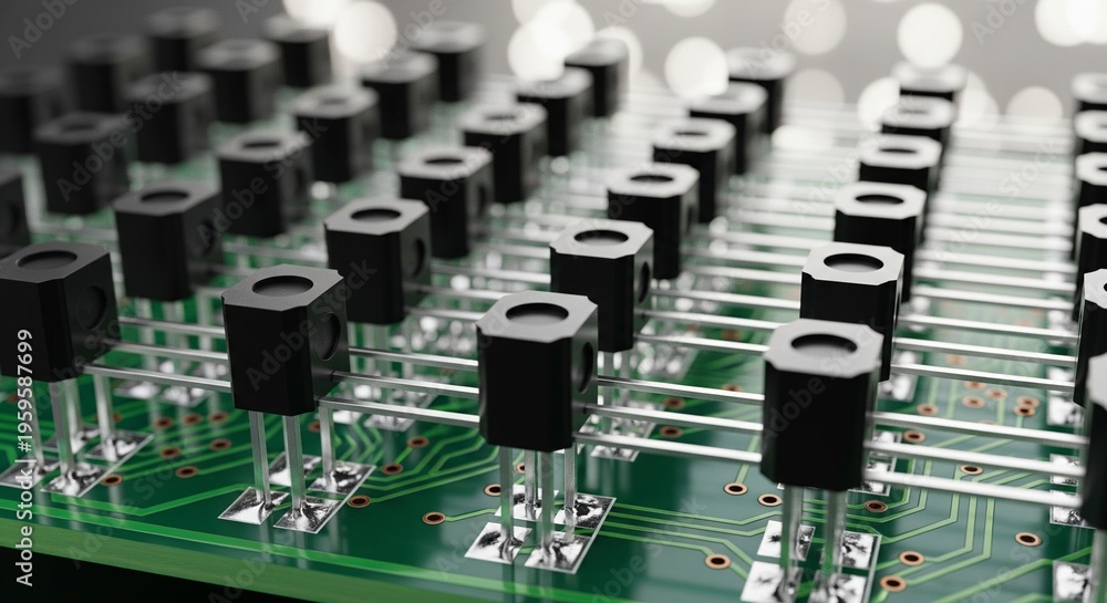 Fototapeta premium A repeating pattern of black electronic components (likely transistors or sensors) mounted on a circuit board with visible traces.