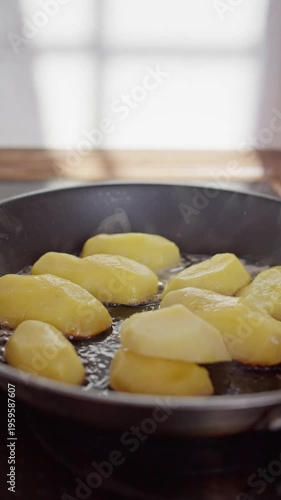 Golden Potatoes Frying In Skillet, Butter Sizzling Morning Window Light, Rustic Kitchen Counter, Closeup Texture And Steam, Cozy Brunch Vibe, Homemade Chef Prepping Breakfast