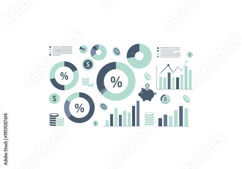 Collection of blue and green financial charts graphs coins and a piggy bank