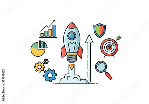 Cartoon illustration of a lightbulb rocket launching amidst business and analysis icons