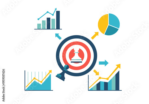 Central target symbol surrounded by arrows pointing to various business charts and a chess piece