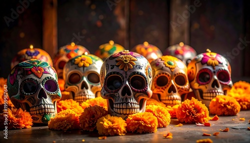 Decorated Sugar Skulls and Marigolds for Dia de los Muertos Celebration.