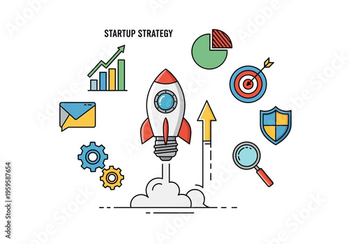 Flat vector illustration of a rocket launching surrounded by business strategy icons