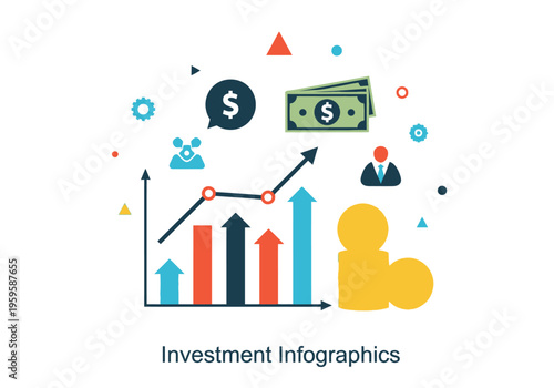 Flat design investment infographic with bar chart line graph money and icons