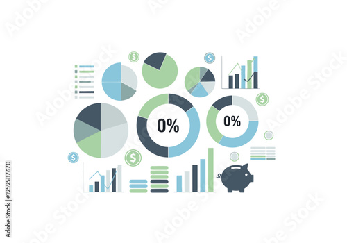 Flat design financial data visualization elements including charts graphs and a piggy bank
