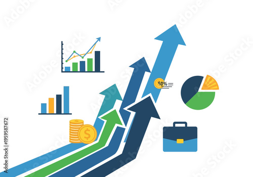 Rising arrows with financial charts coins and a briefcase illustration