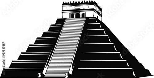 Ancient Mayan pyramid temple vector illustration in black and white, iconic stepped archaeological monument for history, travel, culture and heritage design