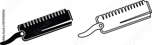 Barber straight razor comb icon set isolated on white background, vintage shaving tool silhouette, hairdresser equipment illustration, grooming salon accessory vector design