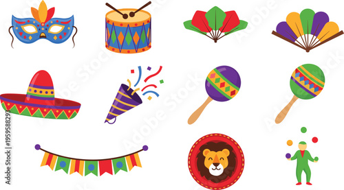 Carnival festival elements collection featuring mask drum maracas fan sombrero confetti garland lion emblem and juggler colorful vector illustration set for celebration design