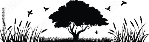 Tree silhouette illustration, natural landscape with large canopy tree, grass, cattails, flying birds, and butterfly, peaceful environment theme, vector art, black isolated bold design