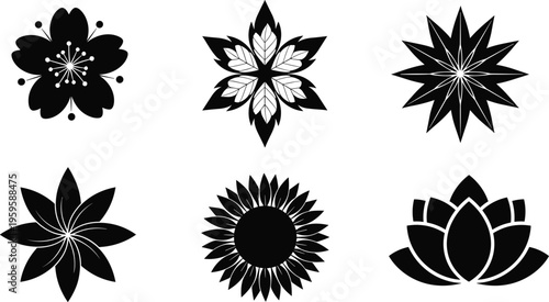 Collection of black floral silhouettes featuring lotus sunflower mandala and abstract flower shapes, decorative vector icons set isolated on white background for design use