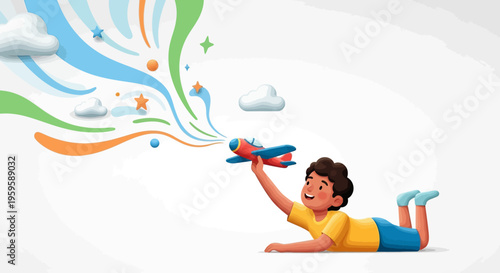 Young Boy Playing with Toy Airplane.