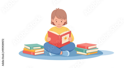 Young Girl Reading a Book Sitting.