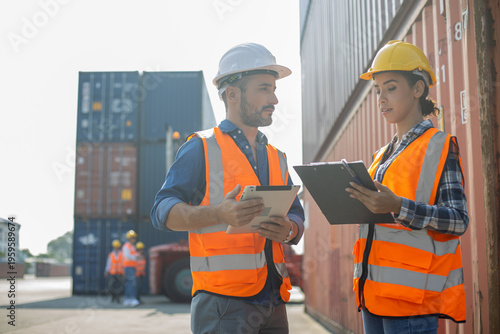 Two construction workers using tablet and clipboard at shipping container site

Keywords (45):