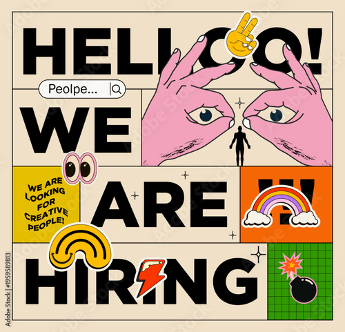 Eye-catching hiring poster ad designed to attract creative talent. Featuring bold graphics and playful elements, this illustration communicates your company’s vibrant culture
