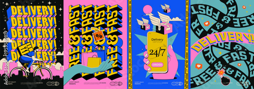 Set of bright colored modern styled food delivery service posters or banners for delivery service ad campaign for food order and fast delivery to the door. Vector illustration