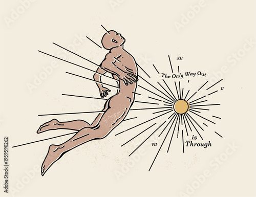 Conceptual vector illustration depicting a figure leaping towards the sun, symbolizing resilience and determination. Ideal for motivational content, self-improvement, and artistic projects.
