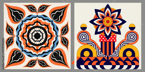 Set of two abstract geometric patterns: bright symmetrical mandala and stylized floral totem. Modern flat design, ethnic motifs.