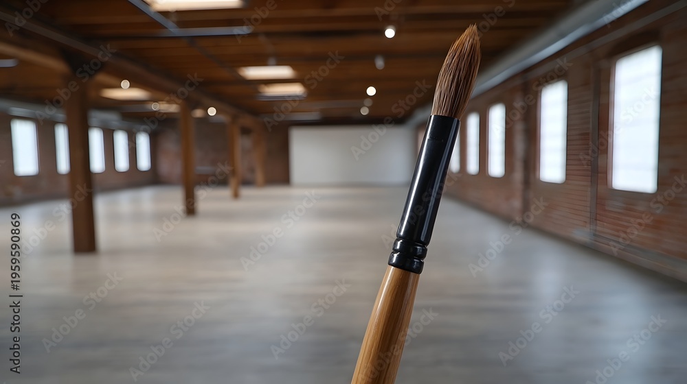 Naklejka premium A close up of a paintbrush in a large empty industrial loft with natural light