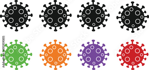 Coronavirus icon set in multiple colors and monochrome styles, virus cell symbol illustration, pandemic infection concept, medical microbiology vector design isolated on background