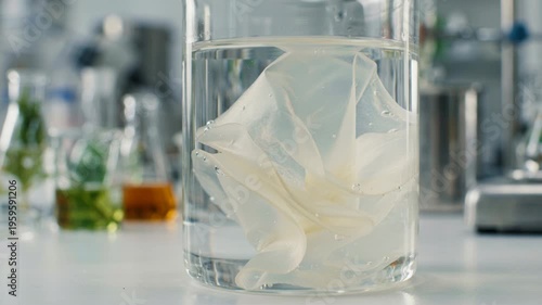 Wallpaper Mural Biodegradable materials green chemistry polymer laboratory sample glass film dissolving clear liquid with bubbles creating soft translucent folds Torontodigital.ca