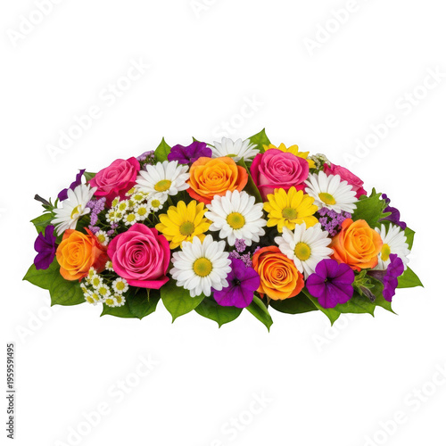 Colorful bouquet of fresh flowers arranged in a circle isolated on transparent background