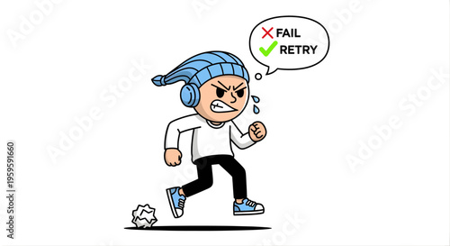 Cartoon character in a winter hat running and showing frustration with fail and retry message concept