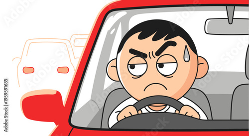 Cartoon driver in red vehicle facing traffic congestion concept