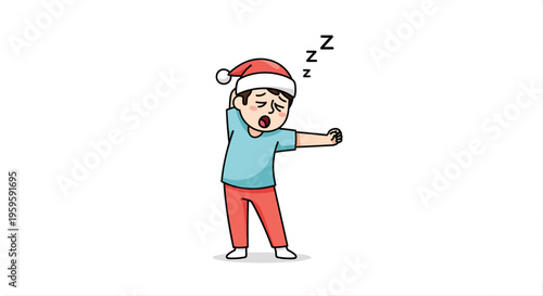 Cartoon character yawning and stretching after waking up illustrated on white background