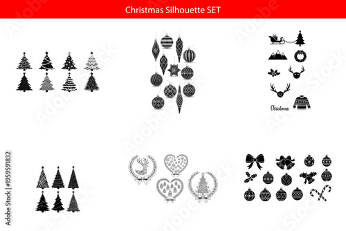 Christmas tree and ornament silhouette set