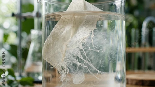 Wallpaper Mural Biodegradable materials green chemistry paper towel fiber dissolving in water releasing gentle white swirls and soft diffusion in green lab setting Torontodigital.ca