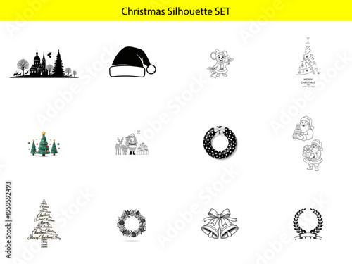 Christmas silhouette set with trees and decorations