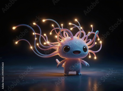 Una criatura adorable con filamentos brillantes emerge de la oscuridad.