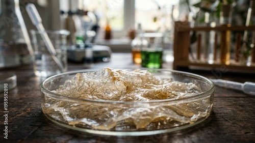 Wallpaper Mural Biodegradable materials gel petri dish laboratory bench with polymer hydrogel experiment showing translucent clear biodegradable materials petri dish Torontodigital.ca