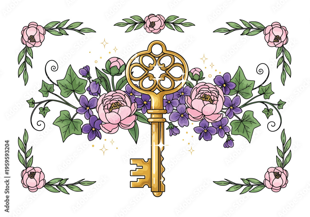 Fototapeta premium Vintage golden skeleton key with floral bouquet, antique brass key surrounded by pink roses and purple violets, magical garden vector illustration