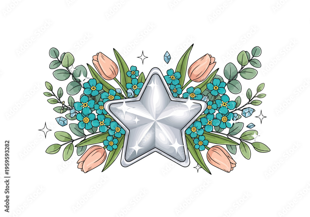 Obraz premium Elegant silver star with floral bouquet, decorative botanical arrangement with tulips and forget-me-nots, sparkling celestial vector illustration