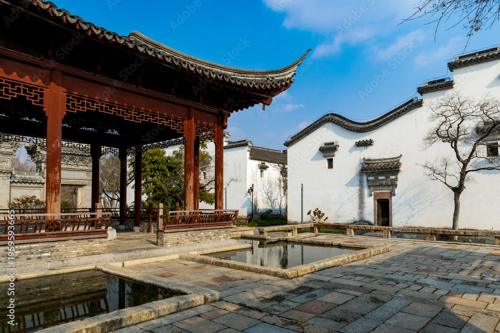 Naklejka premium Asian Qing Dynasty architectural exterior. Translation: Courtyard