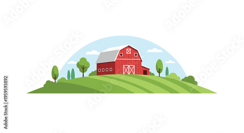 A red barn with a gray roof is situated on a green grassy hill surrounded by trees under a blue sky.