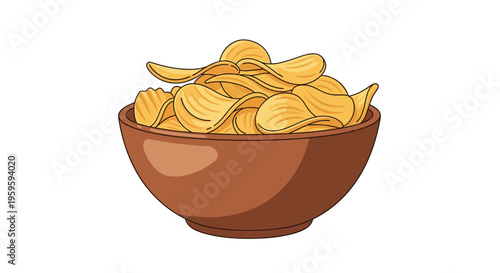 A brown bowl is overflowing with golden, crinkle-cut potato chips on a plain white background.