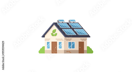 A small house with solar panels on its roof and green bushes sits on a white background.