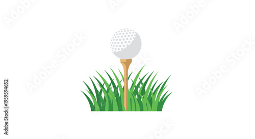 A white golf ball sits on a wooden tee in a patch of green grass against a white background.