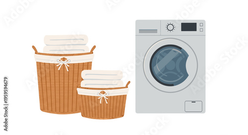 Two brown laundry baskets filled with white towels are next to a gray washing machine on a white background.