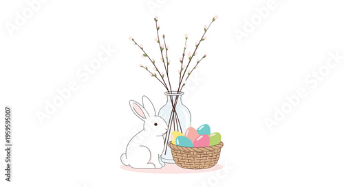 A white rabbit sits next to a glass vase with pussy willows and a basket of colorful Easter eggs.