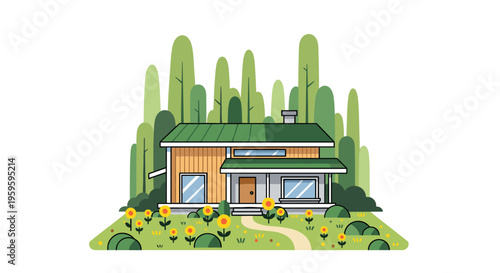 A modern house with a green roof and wooden siding is surrounded by tall trees, sunflowers, and a winding path.