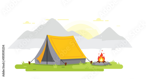 A yellow camping tent is pitched on green grass with a campfire in front, set against mountains and a rising sun.