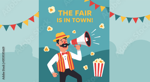 Announcement flyer for a carnival event features a ringmaster with a megaphone and popcorn under colorful bunting.
